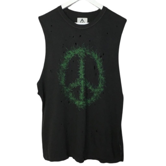 UNIF Whimsical Black & Green Weed Peace Sign Relaxed Distressed Sleeveless Shirt - Picture 1 of 6